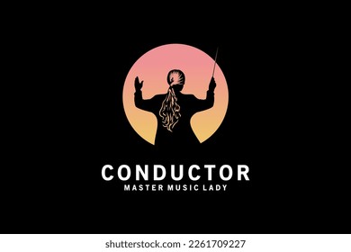 Conductor de orquesta diseño del logo de la silueta de la mujer, símbolo del vector del conductor de música del coro