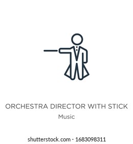 Orchestra director with stick icon. Thin linear orchestra director with stick outline icon isolated on white background from music collection. Line vector sign, symbol for web and mobile