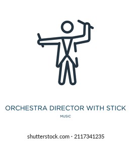 director de orquesta con icono de línea delgada de palo. entretenimiento, realización de iconos lineales a partir del concepto de música, señal de contorno aislado. Elemento de símbolo de ilustración vectorial para diseño web y aplicaciones.