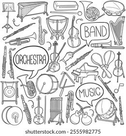 Orchestra Doodle Icons Black and White Line Art. Music Instruments Clipart Hand Drawn Symbol Design.