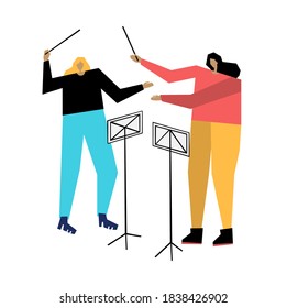 Orchestra, duo musicians vector illustration. Music band flat hand drawn illustration. Director and conductor.