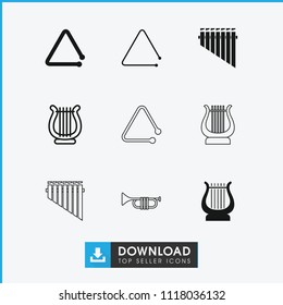 Orchestra icon. collection of 9 orchestra filled and outline icons such as triangle musical instrument, harp, harmonica. editable orchestra icons for web and mobile.