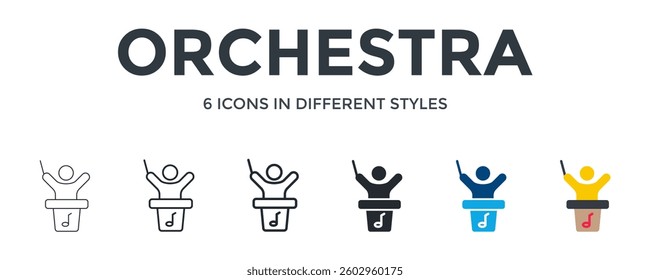 Orchestra Icon In Different Style Vector Illustration. Designed In Thin Line, Regular Line, Bold Line, Glyph, Color Fill, And Flat Style Can Be Used For Web