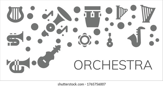 orchestra icon set. 11 filled orchestra icons.  Simple modern icons such as: Harp, Trumpet, Trombone, Tambourine, Instrument, Conga, Fiddle, Saxophone