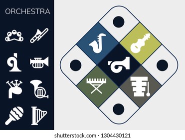 orchestra icon set. 13 filled orchestra icons.  Collection Of - French horn, Maraca, Harp, Bagpipes, Trumpet, Tambourine, Trombone, Fiddle, Saxophone, Electric piano, Xylophone