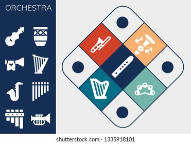 orchestra icon set. 13 filled orchestra icons.  Collection Of - Flute, Trumpet, Saxophone, Harp, Fiddle, Conga, Trombone, Tambourine