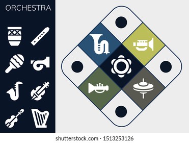 orchestra icon set. 13 filled orchestra icons.  Simple modern icons about  - Tambourine, Violin, Harp, Saxophone, Maraca, French horn, Conga, Flute, Jazz, Trombone, Trumpet, Cymbals