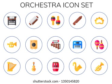 orchestra icon set. 15 flat orchestra icons.  Collection Of - piano, trumpet, harmonica, cajon, maracas, xylophone, flute, tambourine, harp, instrument, conga, saxophone