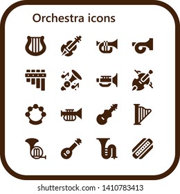 orchestra icon set. 16 filled orchestra icons.  Simple modern icons about  - Harp, Violin, Trumpet, French horn, Flute, Jazz, Cello, Tambourine, Fiddle, Mandolin, Trombone, Harmonica