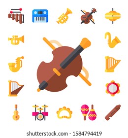 orchestra icon set. 17 flat orchestra icons.  Collection Of - xylophone, trumpet, saxophone, cello, harp, tambourine, instrument, piano, drum set, violin, maracas, cymbals icons