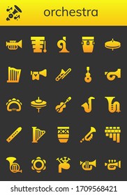 orchestra icon set. 26 filled orchestra icons. Included Trumpet, Xylophone, French horn, Conga, Cymbals, Harp, Trombone, Instrument, Tambourine, Violin, Saxophone, Flute icons