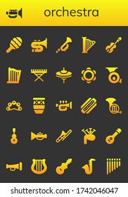 conjunto de iconos de la orquesta. 26 íconos de la orquesta. Incluidos Maraca, Jazz, Trombone, Trumpet, Harp, Violin, Piano Eléctrico, Címbalos, Tambourine, cuerno francés, Conga, Iconos Armonicos