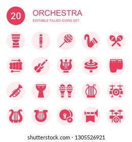 orchestra icon set. Collection of 20 filled orchestra icons included Timpani, Flute, Maracas, Saxophone, Xylophone, Violin, Harp, Cymbals, Conga, Trumpet, Kettledrum, Drum set