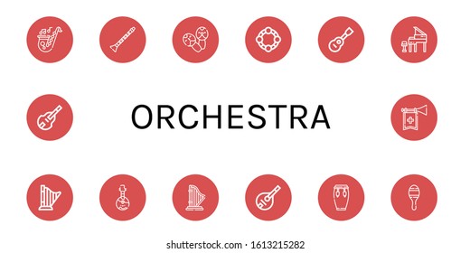 orchestra icon set. Collection of Saxophone, Clarinet, Maracas, Tambourine, Viola, Grand piano, Harp, Domra, Mandolin, Conga, Double bass, Trumpet icons