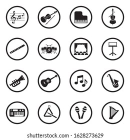 Orchestra Icons. Black Flat Design In Circle. Vector Illustration.