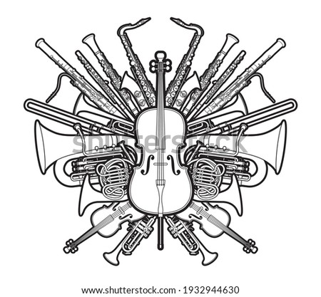 Orchestra Instruments Set Cartoon Outline Graphic Vector 