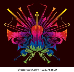 Orchestra Instruments Set Designed Using Colorful Brush Cartoon Graphic Vector 