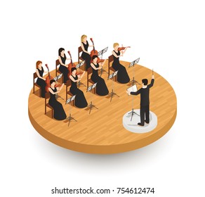 Orchestra isometric composition with conductor and female musicians playing various musical instruments on wooden stage 3d vector illustration