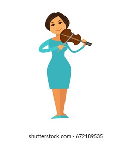 Orchestra jazz band woman playing violin fiddle music performer vector flat icon