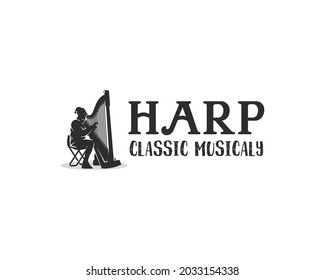 Orchestra logo .silhouette of a man playing the harp logo design template