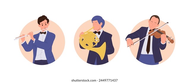 Orchestra man classical musicians cartoon characters performing with music instruments round icon