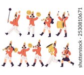Orchestra with Marching People Character in Red Uniform with Musical Instrument Vector Set