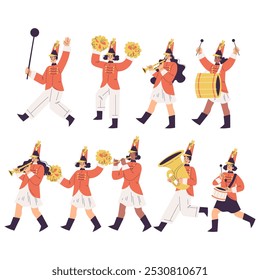 Orchestra with Marching People Character in Red Uniform with Musical Instrument Vector Set