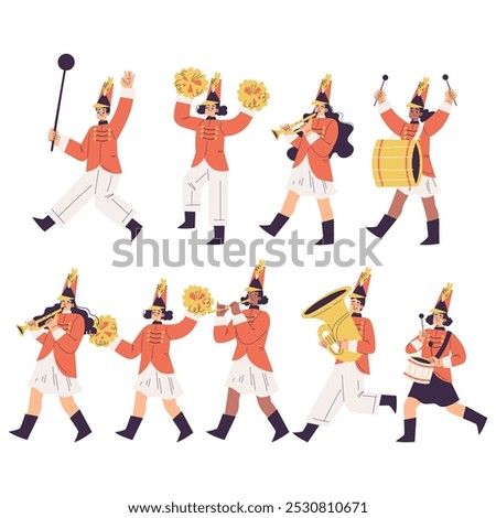 Orchestra with Marching People Character in Red Uniform with Musical Instrument Vector Set