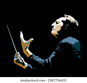  Orchestra master. Colorful vector illustration on black background