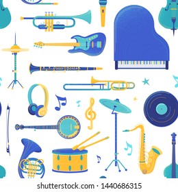 Orchestra musical instruments vector seamless pattern. Drums, guitar, brass, piano texture. Percussion, brass, string instruments. Music festival, concert background, music instruments wrapping paper