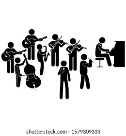 Orchestra Musicians Band with Piano, Violine, Viola, Guitar, Saxophone Players & Vocalist. Stick Figure Pictogram Icon. Vector Illustration