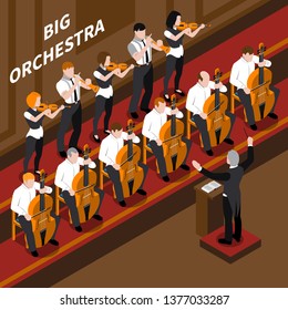 Orchestra musicians and conductor performing at classical music concert isometric composition 3d vector illustration