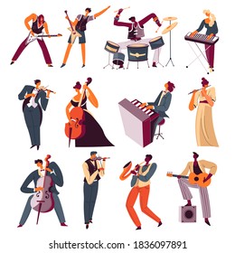 Orchestra musicians playing instrument in band. Guitarist and drummer, pianist and violinist. Flute and trumpet, saxophone and acoustic guitar. Talented people giving performance vector in flat style