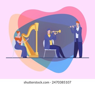 Orchestra musicians playing instrument. Harp, trumpet, flute flat vector illustration. Music band, jazz, concert concept for banner, website design or landing web page