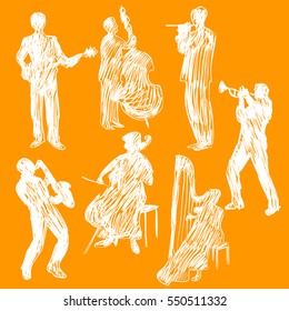 Orchestra, people playing, music, vector