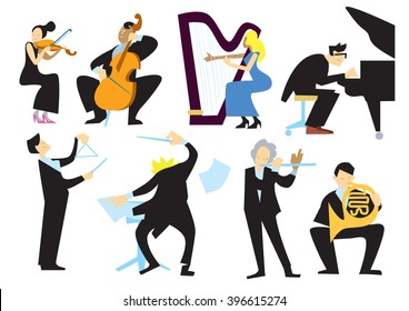 Orchestra People. Vector Conductor, Trumpet, Doublebass, Pipe, Musical Triangle Player, Pianist, Cellist, Violinist Set. Man Woman Play Classic Music Instrument. Symphony Orchestra People Illustration