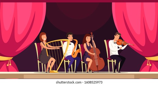 Orchestra performance on stage vector illustration. Concert in hall, cultural event concept. Musical band members and spectators cartoon characters. Classical music, symphony playing