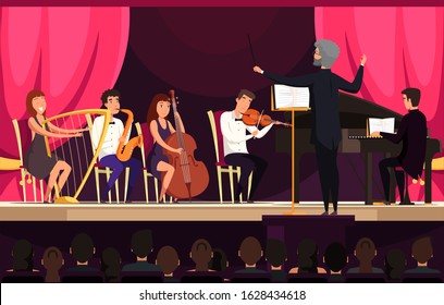 Orchestra performance on stage vector illustration. Concert in hall, cultural event concept. Musical band members and spectators cartoon characters. Classical music, symphony playing