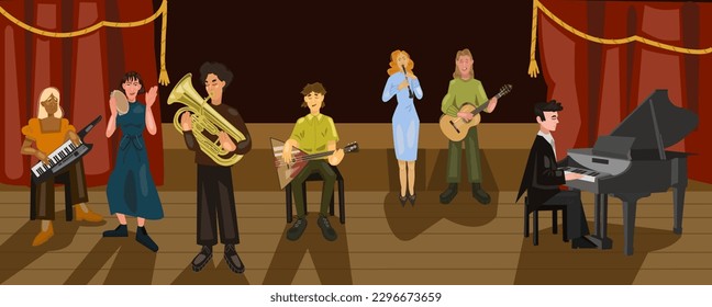 Orchestra performance on theater stage. Classical music concert in conservatory hall. Cultural event concept. Musical band members. Cartoon musicians characters playing symphony. Vector illustration