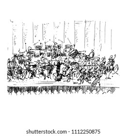 Orchestra performs on stage. Hand-drawn sketch illustration.