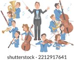 Orchestra players playing around the conductor on white background. Performing with various kinds of musical instruments. Vector illustration in flat cartoon style.