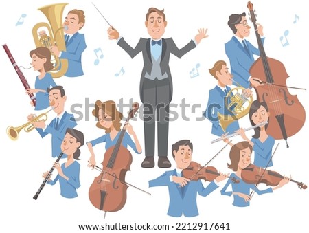 Orchestra players playing around the conductor on white background. Performing with various kinds of musical instruments. Vector illustration in flat cartoon style.