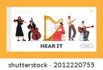 Orchestra Playing Classical Music Concert Landing Page Template. Musicians with String Instruments Performing on Stage with Harp, Violin, Contrabass, Guitar and Balalaika. Cartoon Vector Illustration