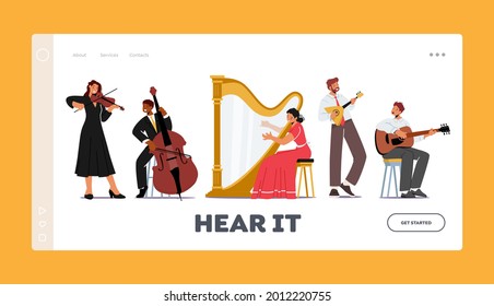 Orchestra Playing Classical Music Concert Landing Page Template. Musicians with String Instruments Performing on Stage with Harp, Violin, Contrabass, Guitar and Balalaika. Cartoon Vector Illustration