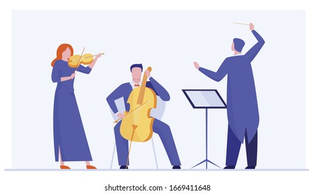 Orchester, das klassische Sinfonie spielt. Leiter, Musiker mit Geige, alto flache Vektorillustration Illustration. Musik, Konzert, philharmonisches Theaterkonzept für Banner, Website-Design oder Landing-Webseite