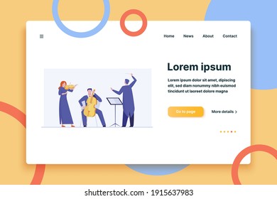 Orchestra playing classical symphony. Conductor, musicians with violin, alto flat vector illustration. Music, concert, philharmonic theater concept for banner, website design or landing web page