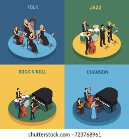 Orchestra playing various music rock n roll chanson folk and jazz isometric 2x2 concept isolated on colorful backgrounds 3d vector illustration