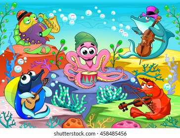 Orchestra in the sea. Funny musical scene with group of marine animals, vector cartoon illustration.