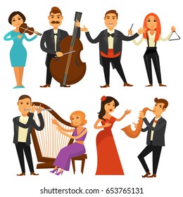 Orchestra singers and musicians or music performers musical instruments vector flat icons