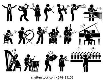 Orchestra Symphony Musicians With Musical Instruments Stick Figure Pictogram Icons